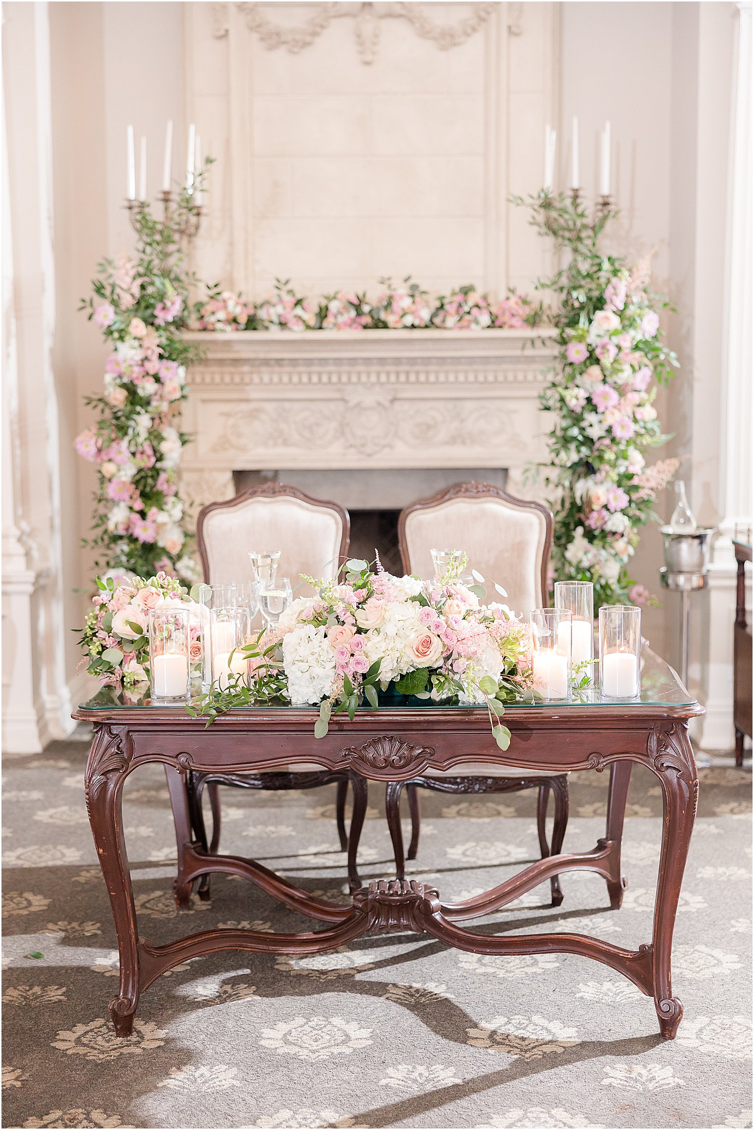 sweetheart table with pink and ivory roses for spring wedding reception Park Savoy Estate