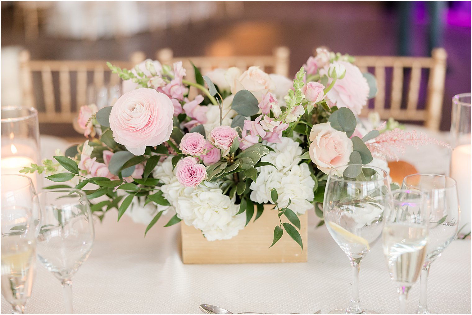 spring wedding reception Park Savoy Estate with pink rose centerpieces 