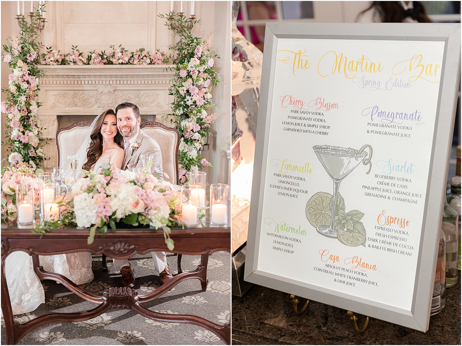 bride and groom sit at sweetheart table during spring wedding reception Park Savoy Estate