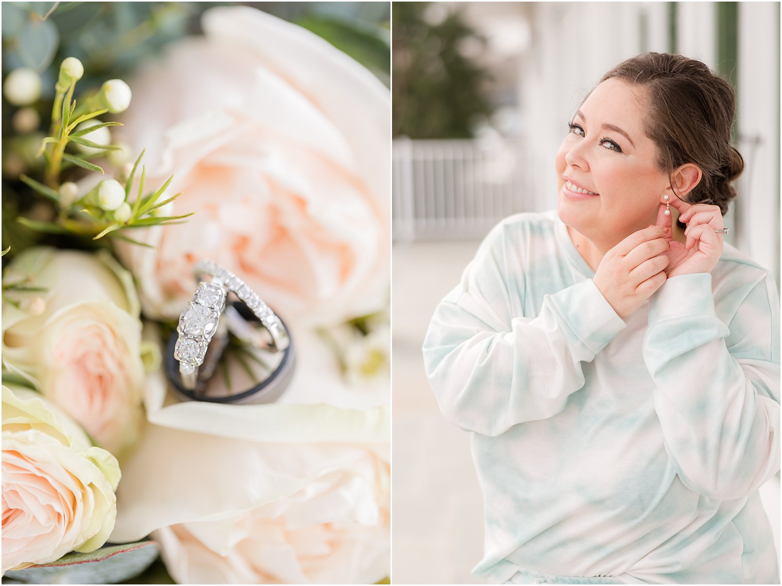 bride in green and white pajamas adjusts earrings on balcony at Crystal Point Yacht Club