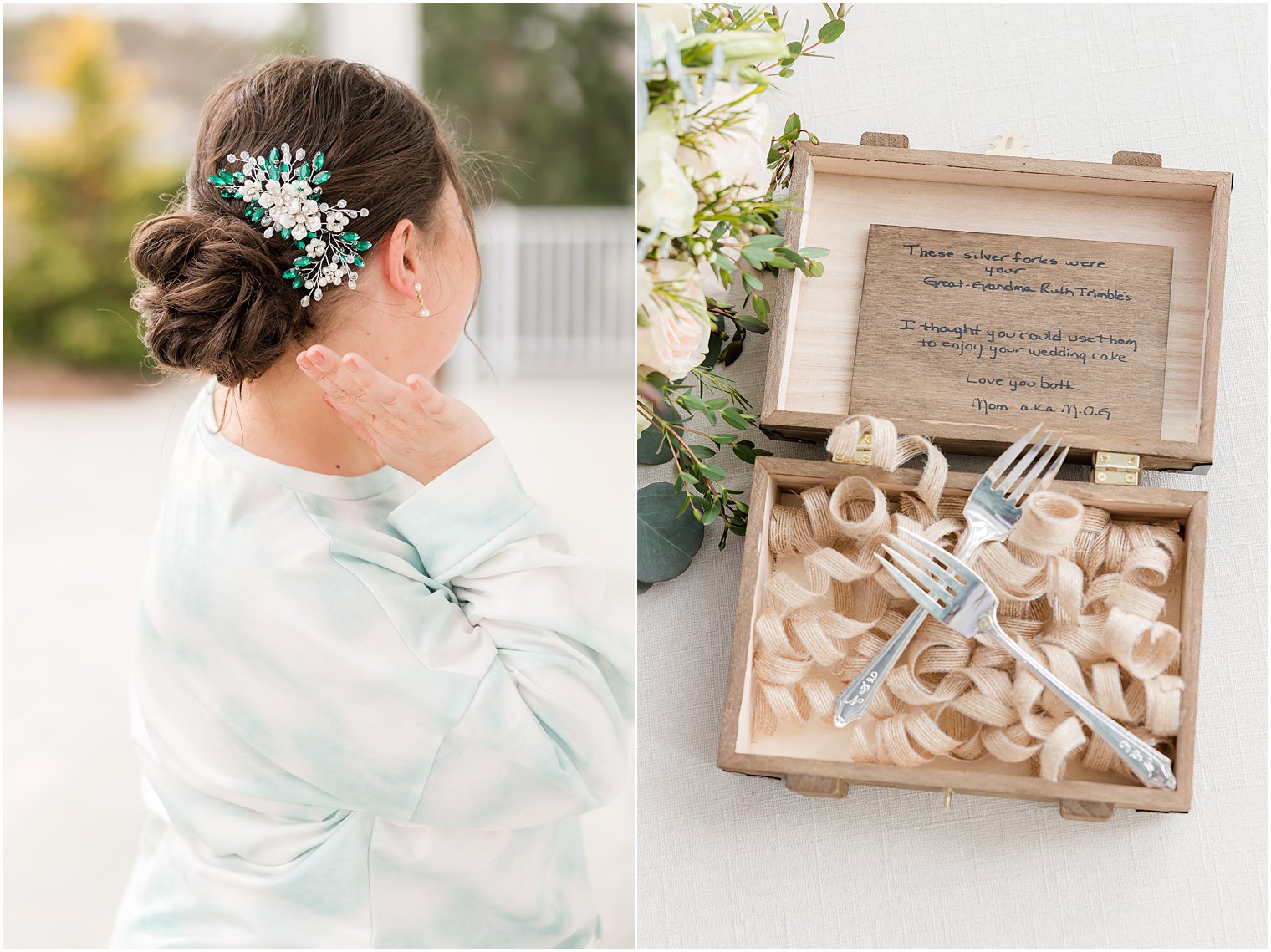 bride shows off custom jewelry hairpiece for St. Patrick's Day wedding at Crystal Point Yacht Club