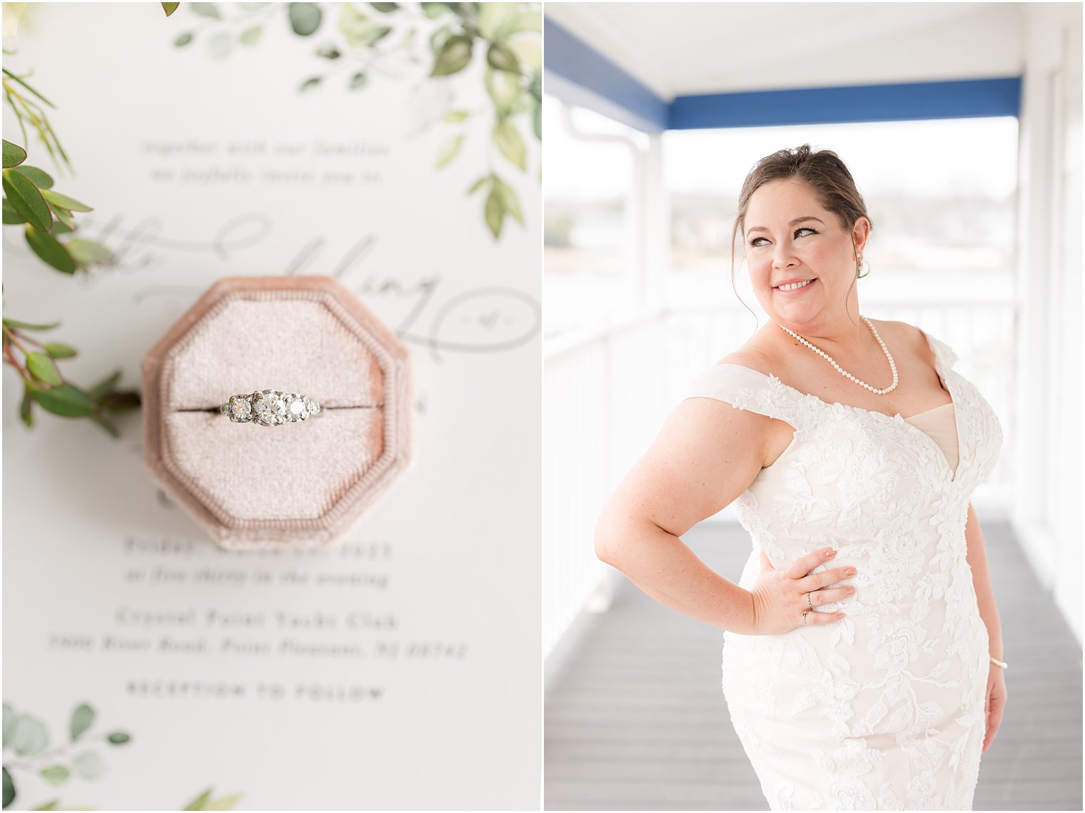 bride stands on balcony at Crystal Point Yacht Club with hand on her hip 