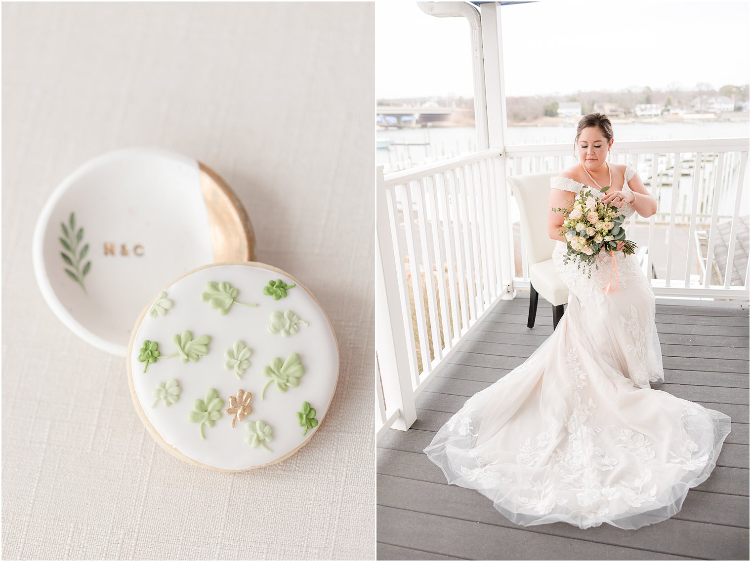bride sits on balcony with peach and white bouquet with St. Patrick's Day cookies 