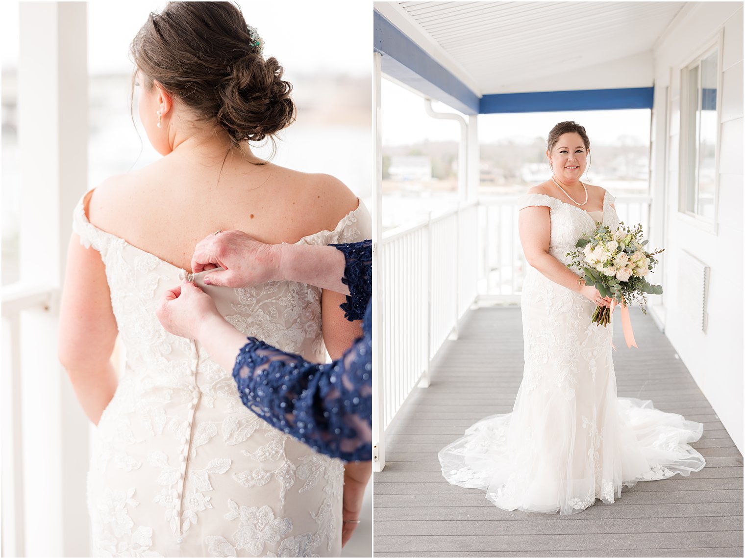 bride stands on balcony holding bouquet of white roses at Crystal Point Yacht Club
