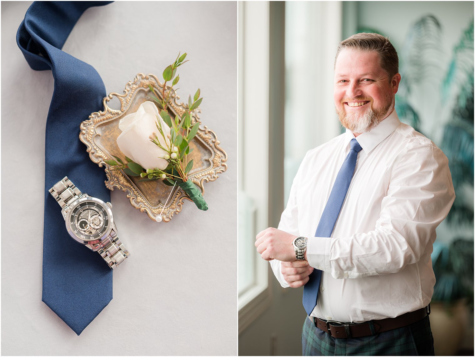 groom in plaid suit adjusts cufflinks 