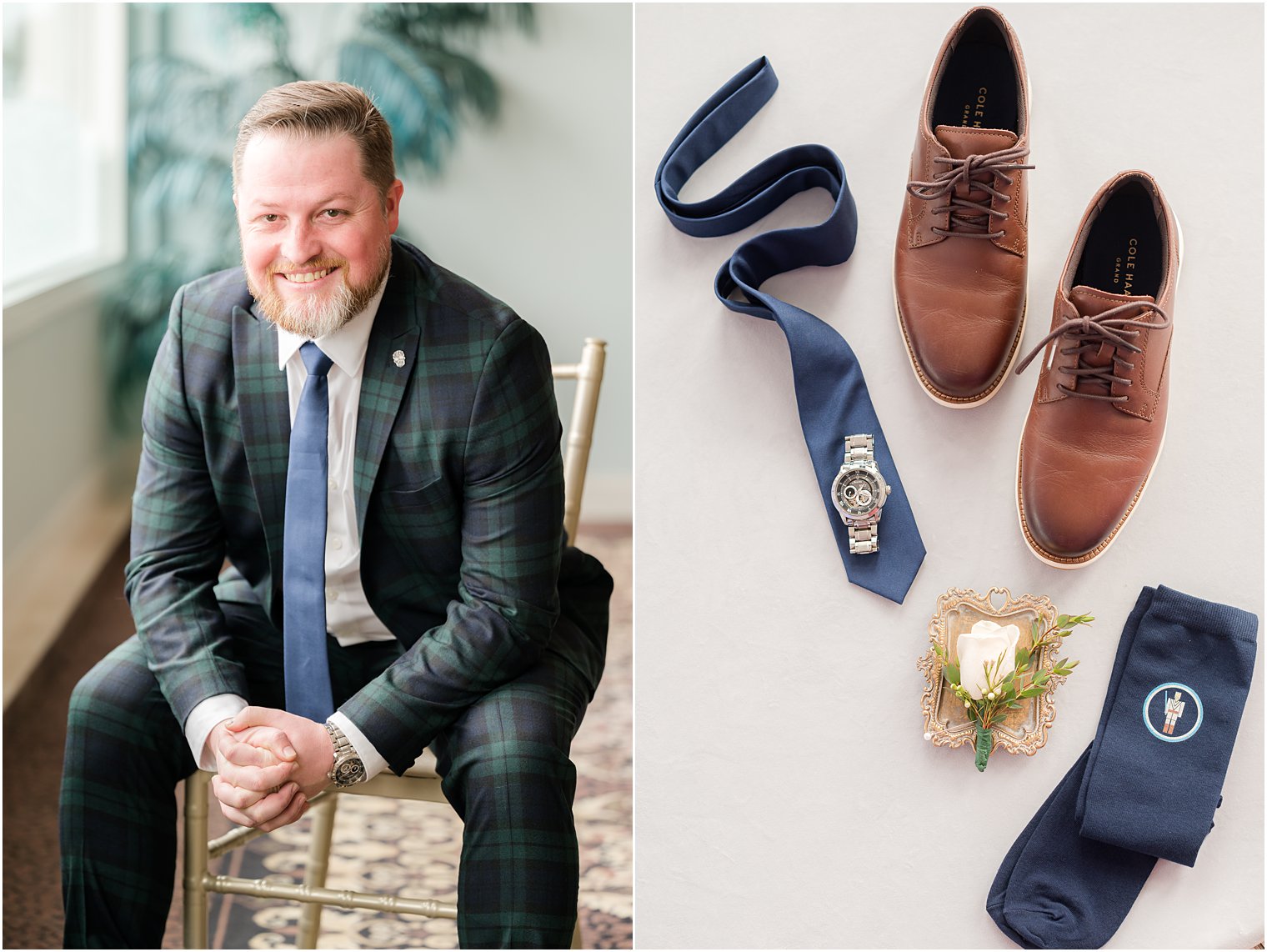 groom leans on knees in plaid suit at Crystal Point Yacht Club