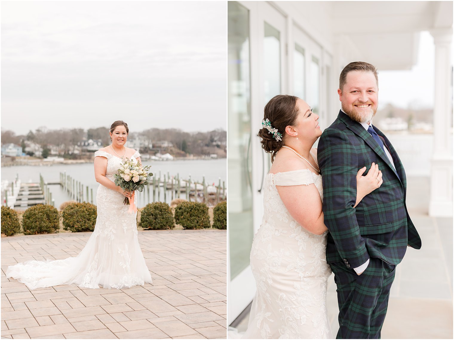bride hugs groom from behind at Crystal Point Yacht Club