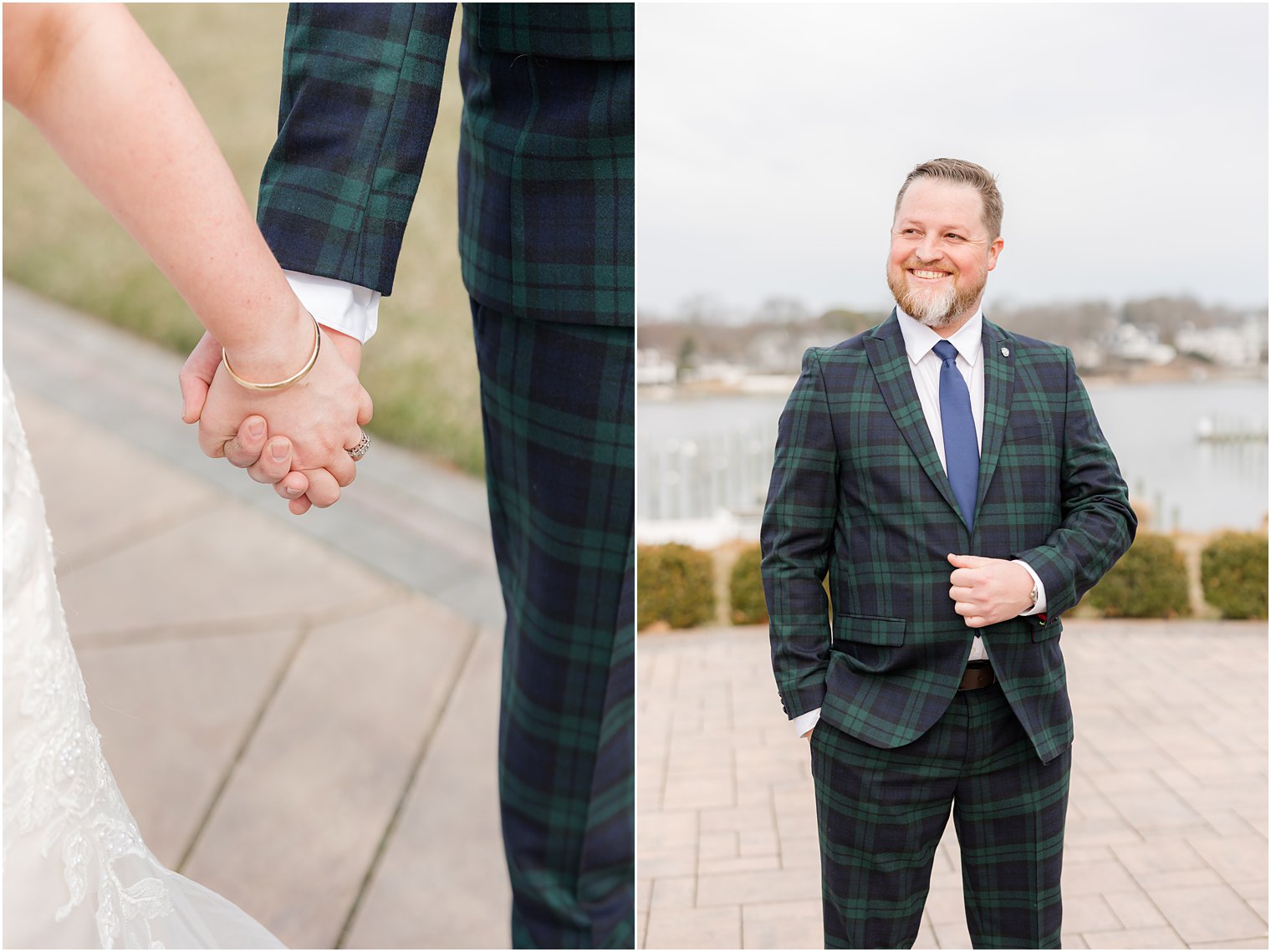 groom stands in plaid suit with blue tie 