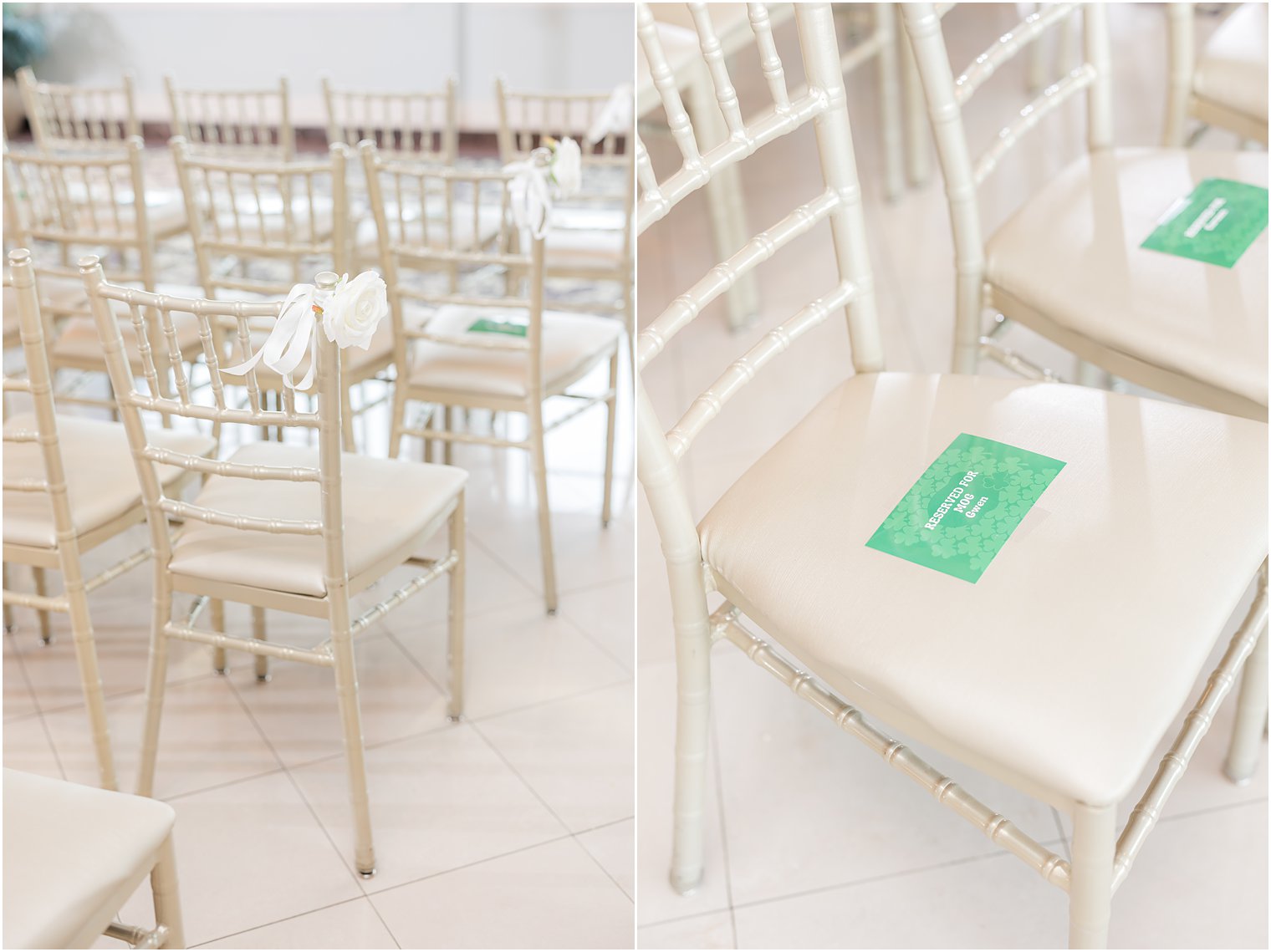 wedding ceremony with green signs on white chairs at Crystal Point Yacht Club