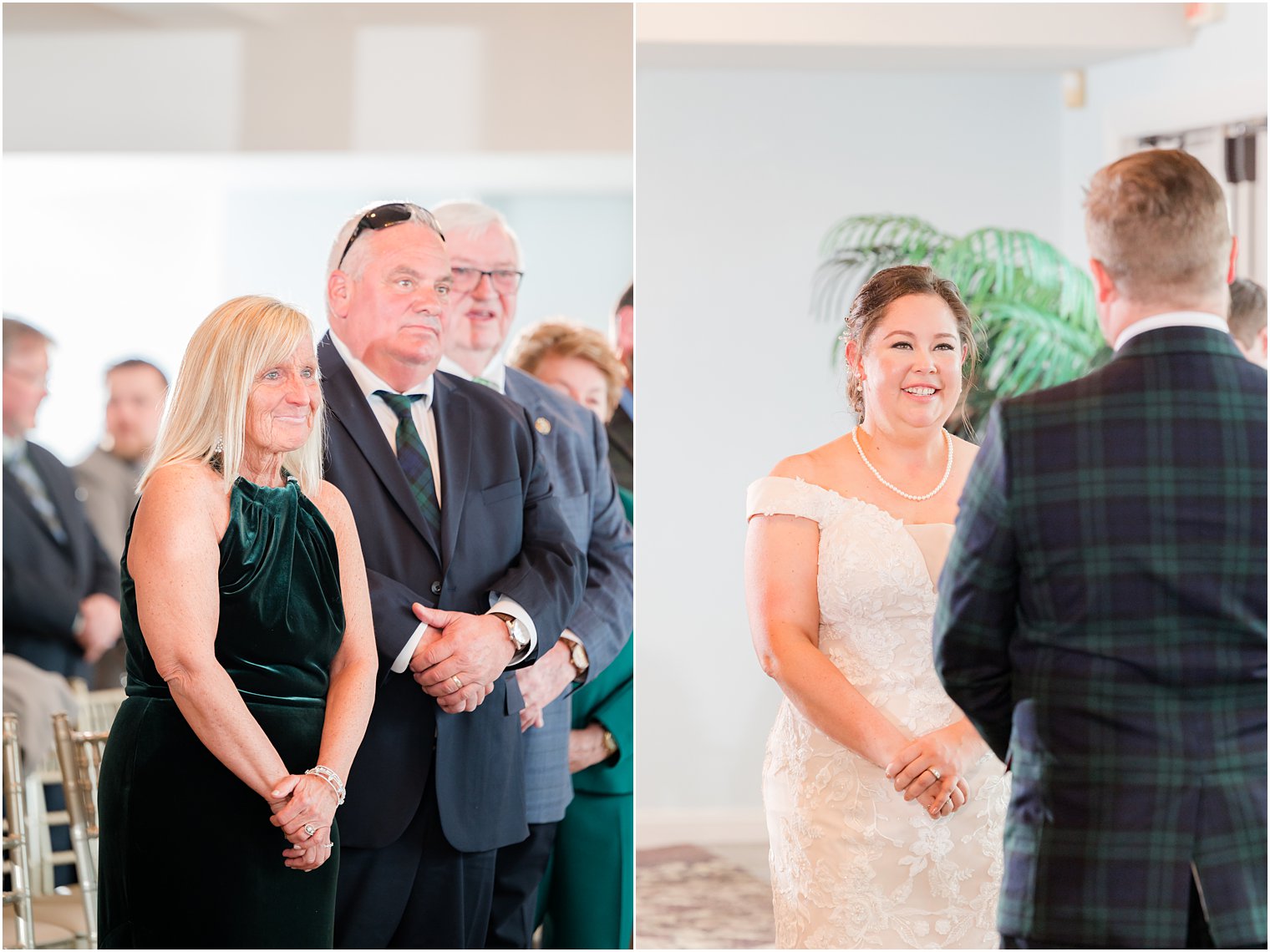 couple changes vows during wedding ceremony with waterfront views at Crystal Point Yacht Club