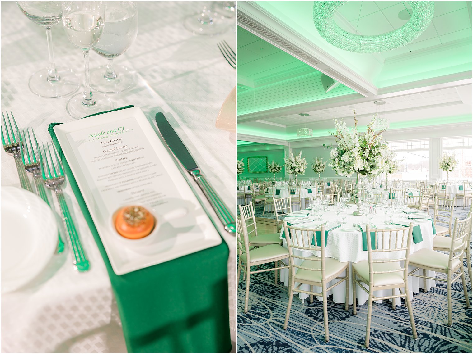 green and white details for St. Patrick's Day Point Pleasant NJ wedding reception