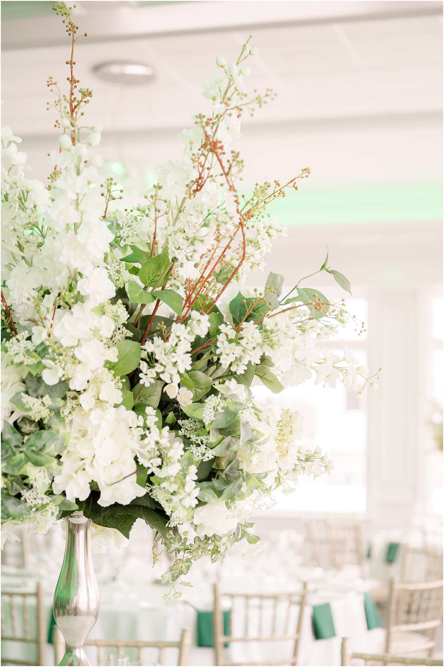 white floral centerpieces for St. Patrick's Day Point Pleasant NJ wedding reception