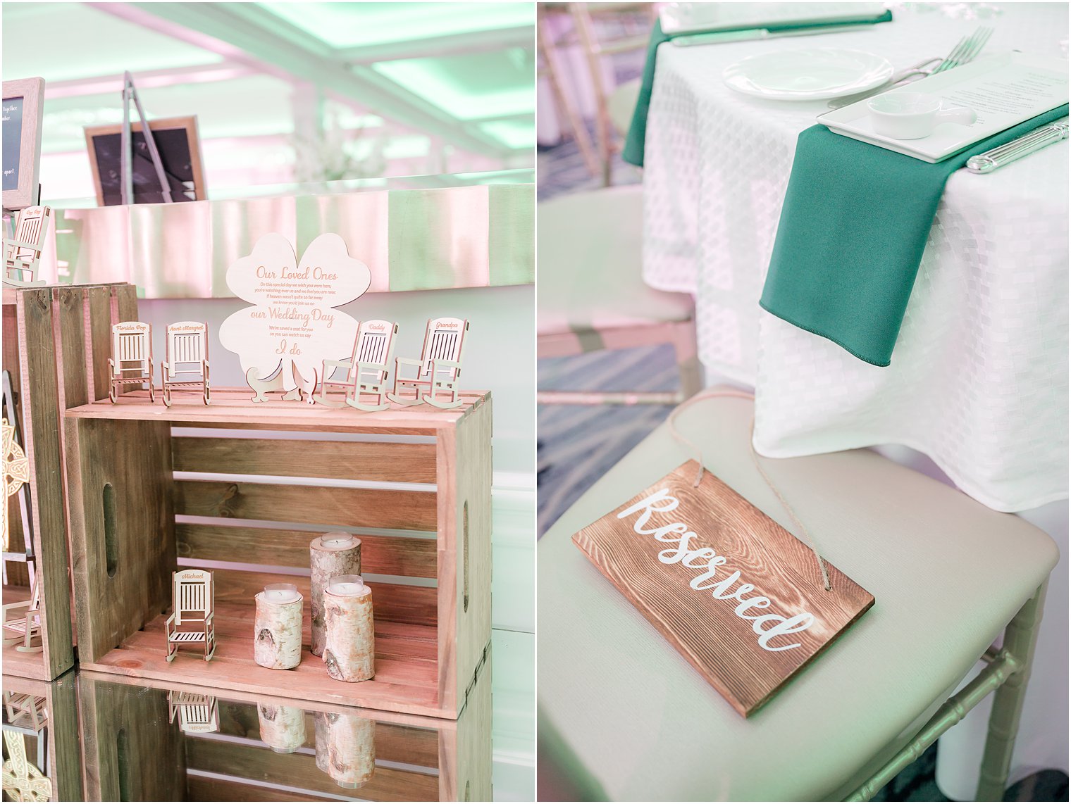 place setting with green napkins for St. Patrick's Day Point Pleasant NJ wedding reception