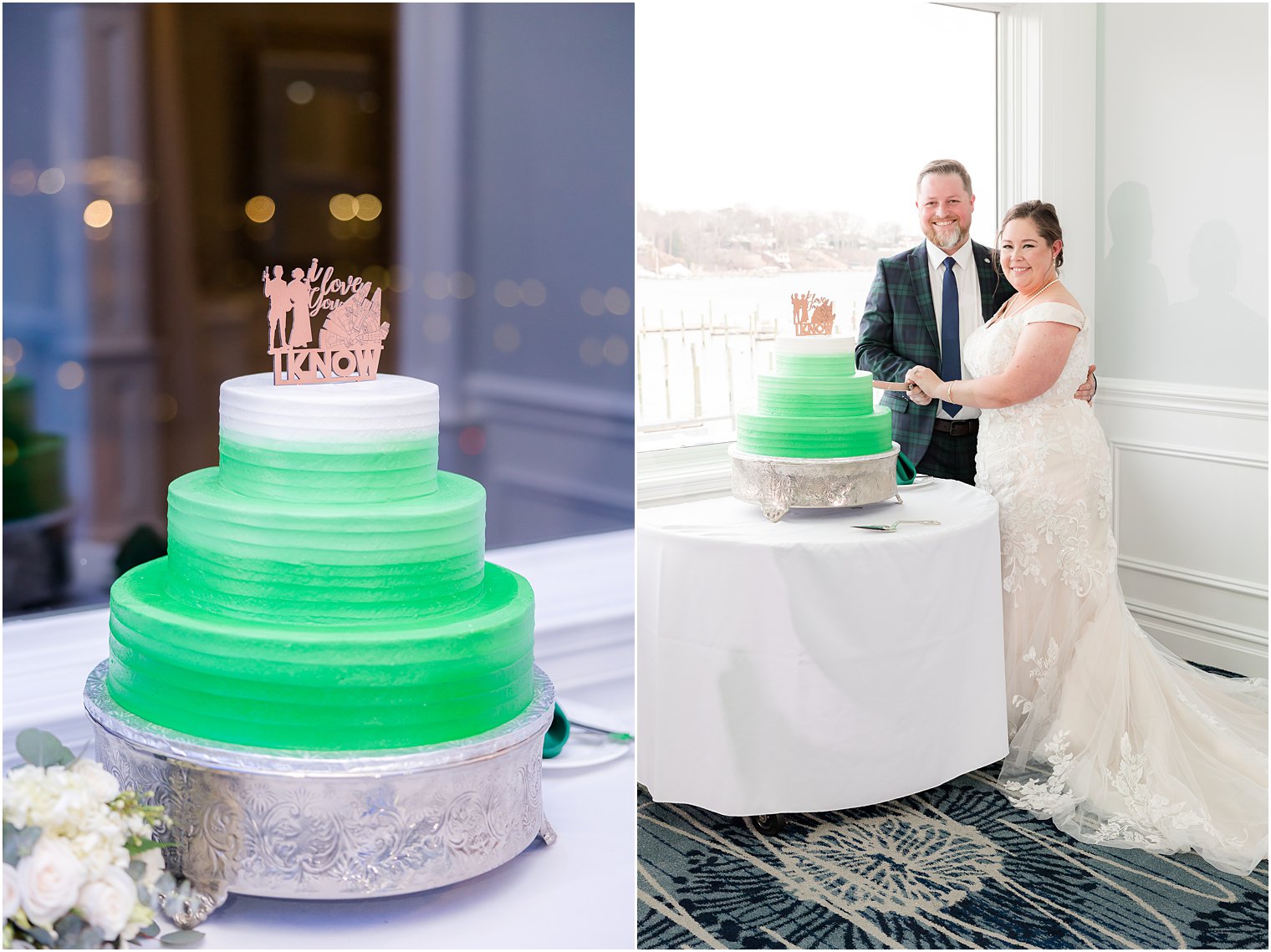 bride and groom cut wedding cake with green icing at St. Patrick's Day Point Pleasant NJ wedding reception