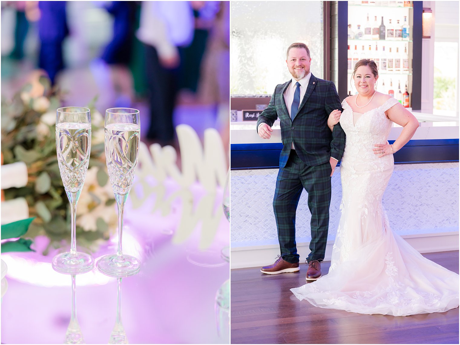 bride and groom stand by bar at Crystal Point Yacht Club