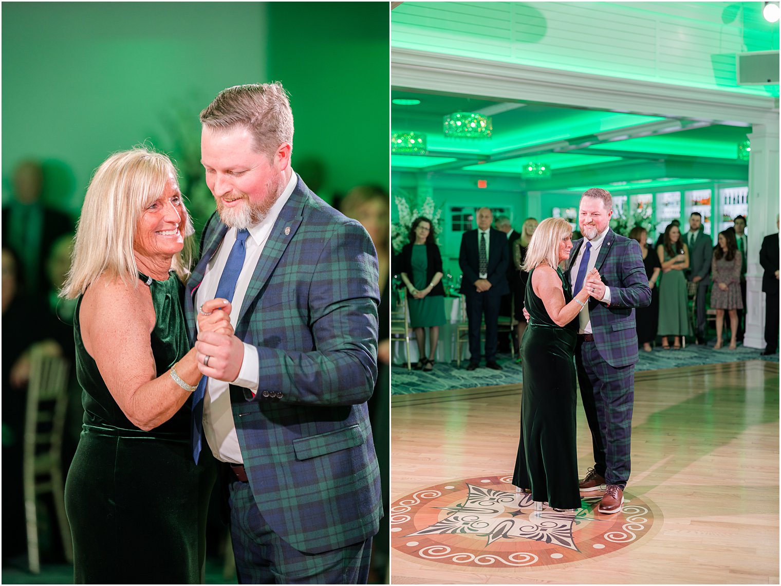 groom in plaid suit dances with mother at Crystal Point Yacht Club