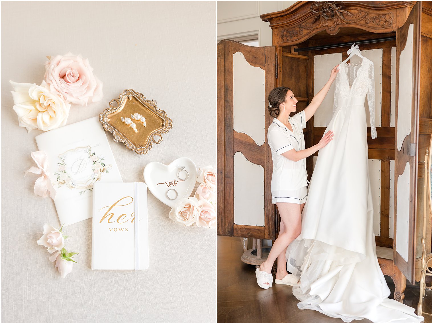 bride hangs dress in wooden armoire at Park Chateau Estate 