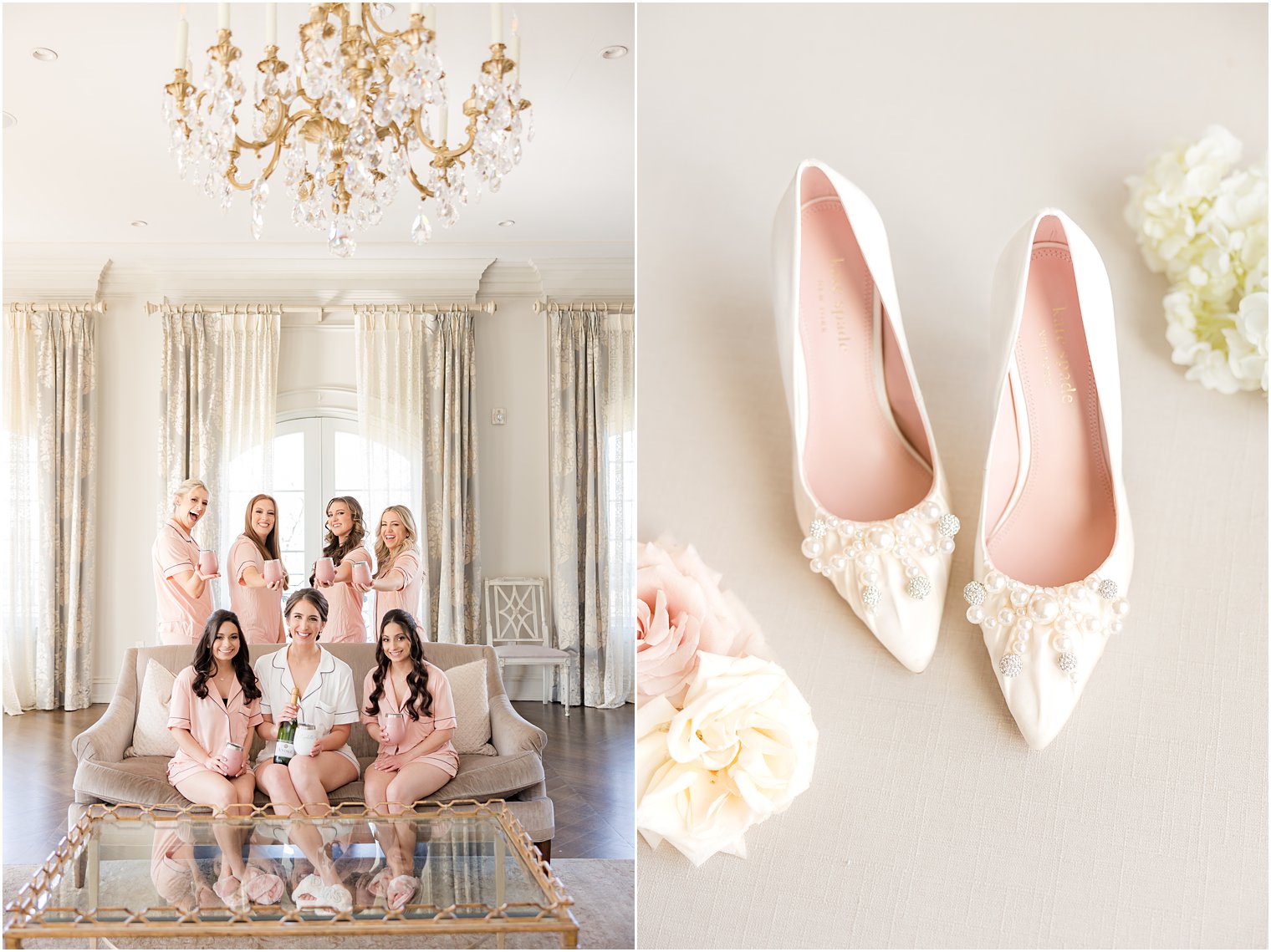 bride poses with bridesmaids holding champagne bottle 