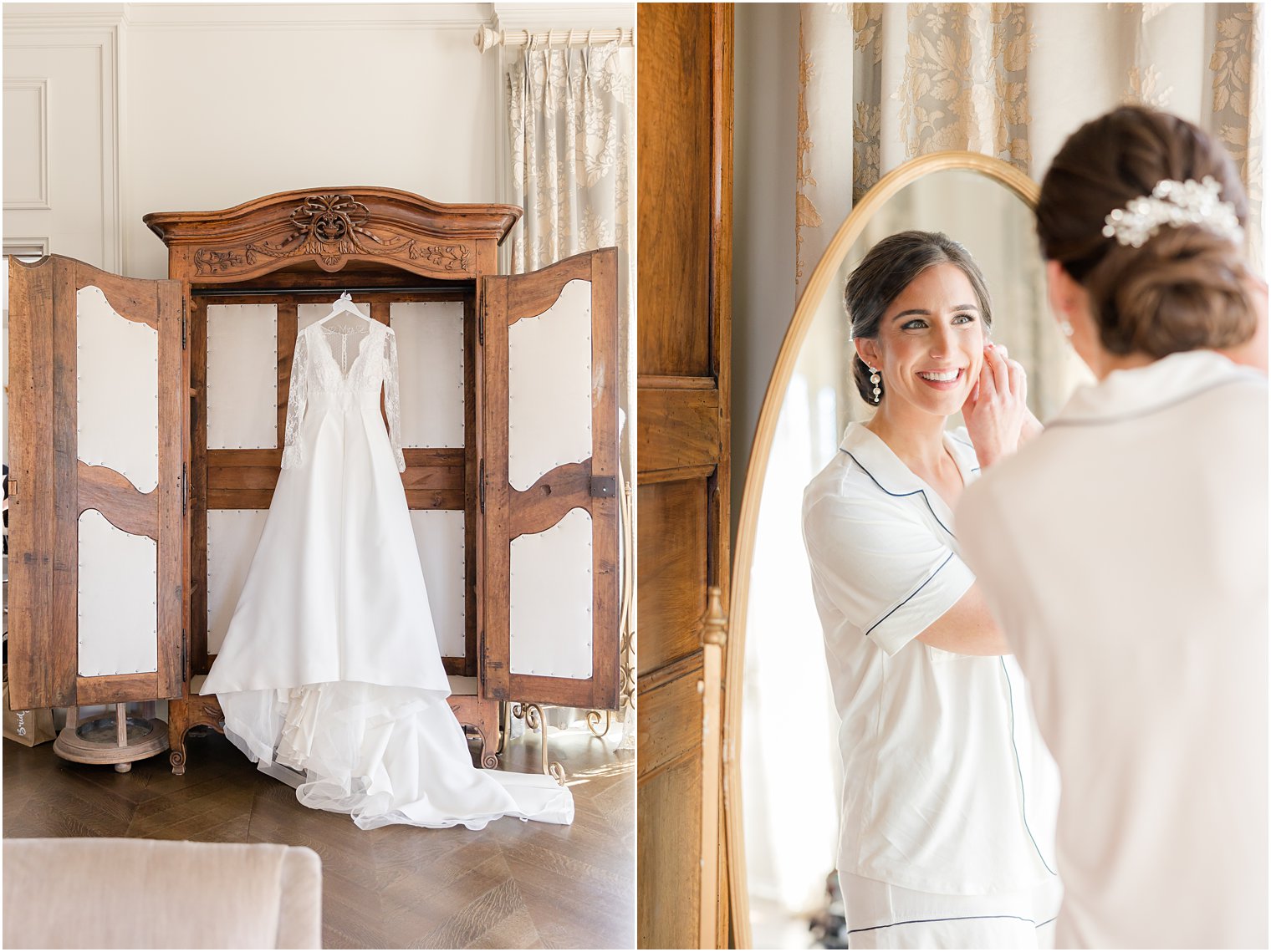 bride smiles in mirror adjusting earrings 