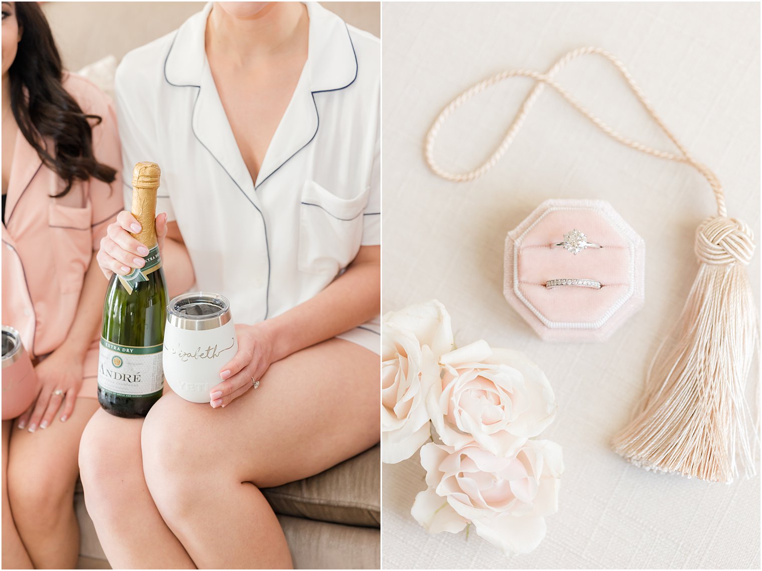 bride holds champagne bottle in black and white pajamas 