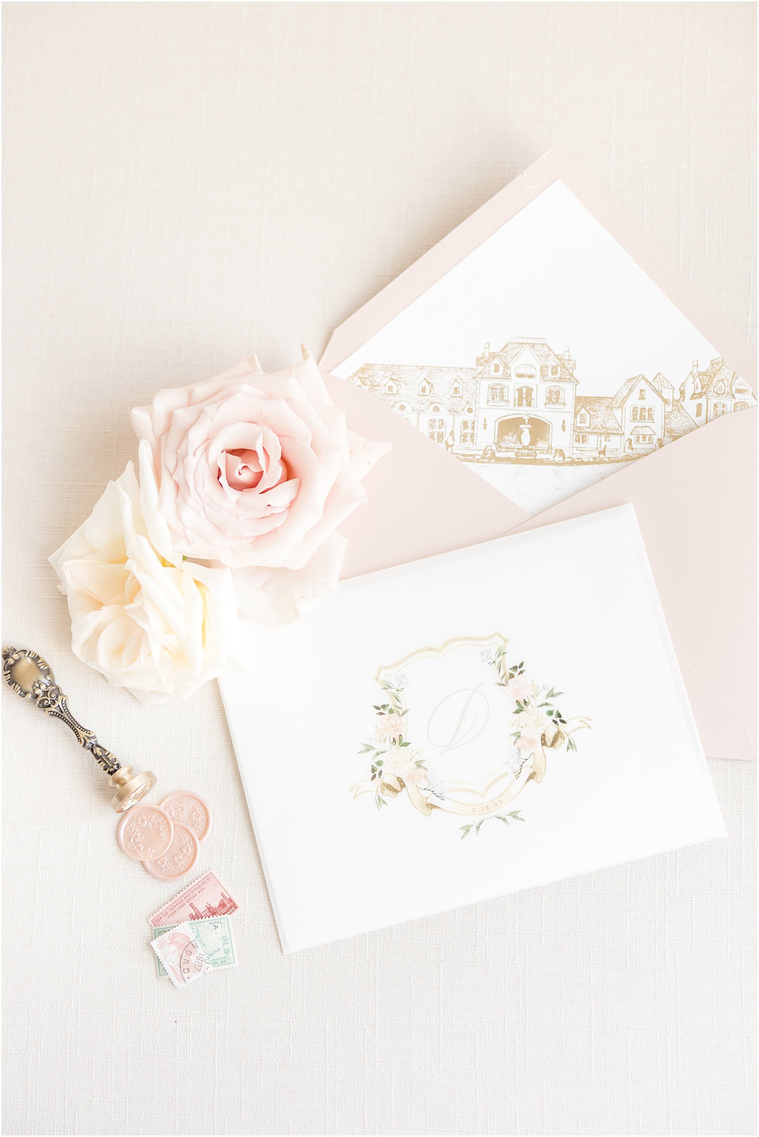 invitation suite with pink wax seal for winter wedding at Park Chateau Estate