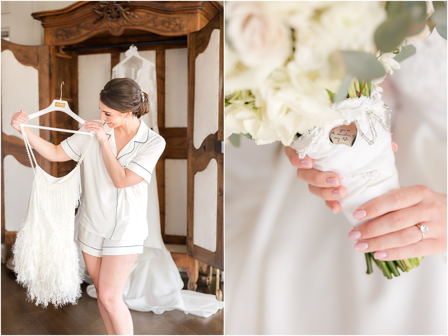 bride looks at party dress for winter wedding 