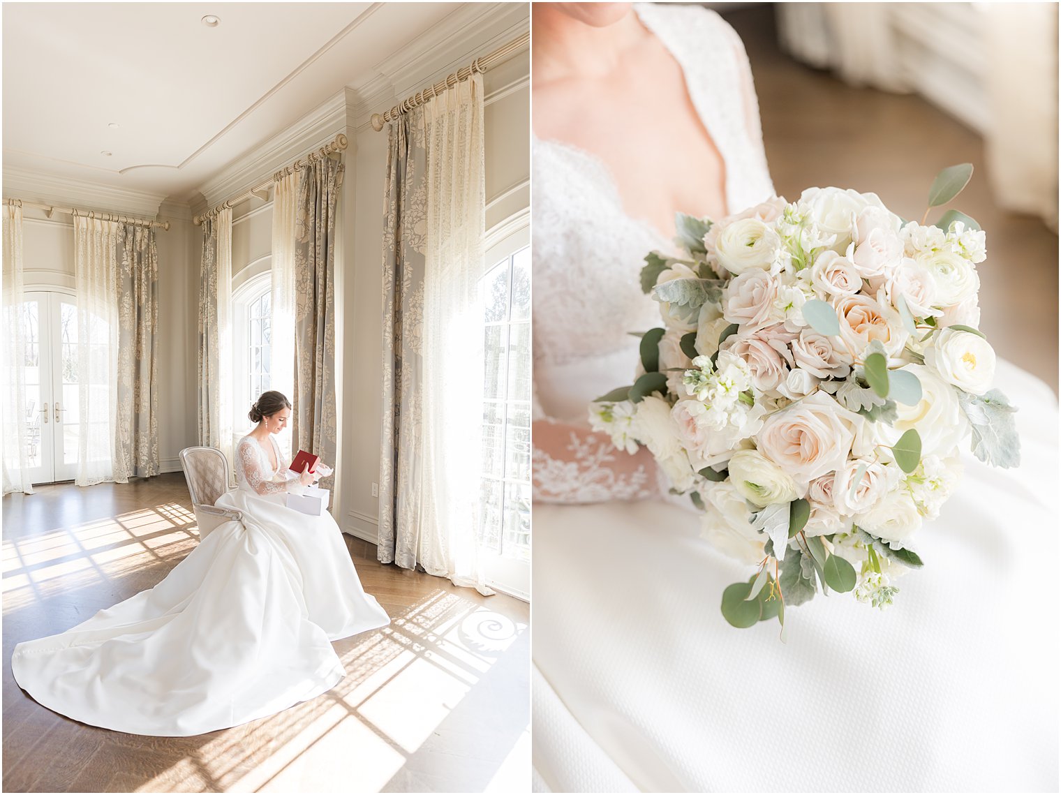 bride sits in suite at Park Chateau Estate opening gift by window 