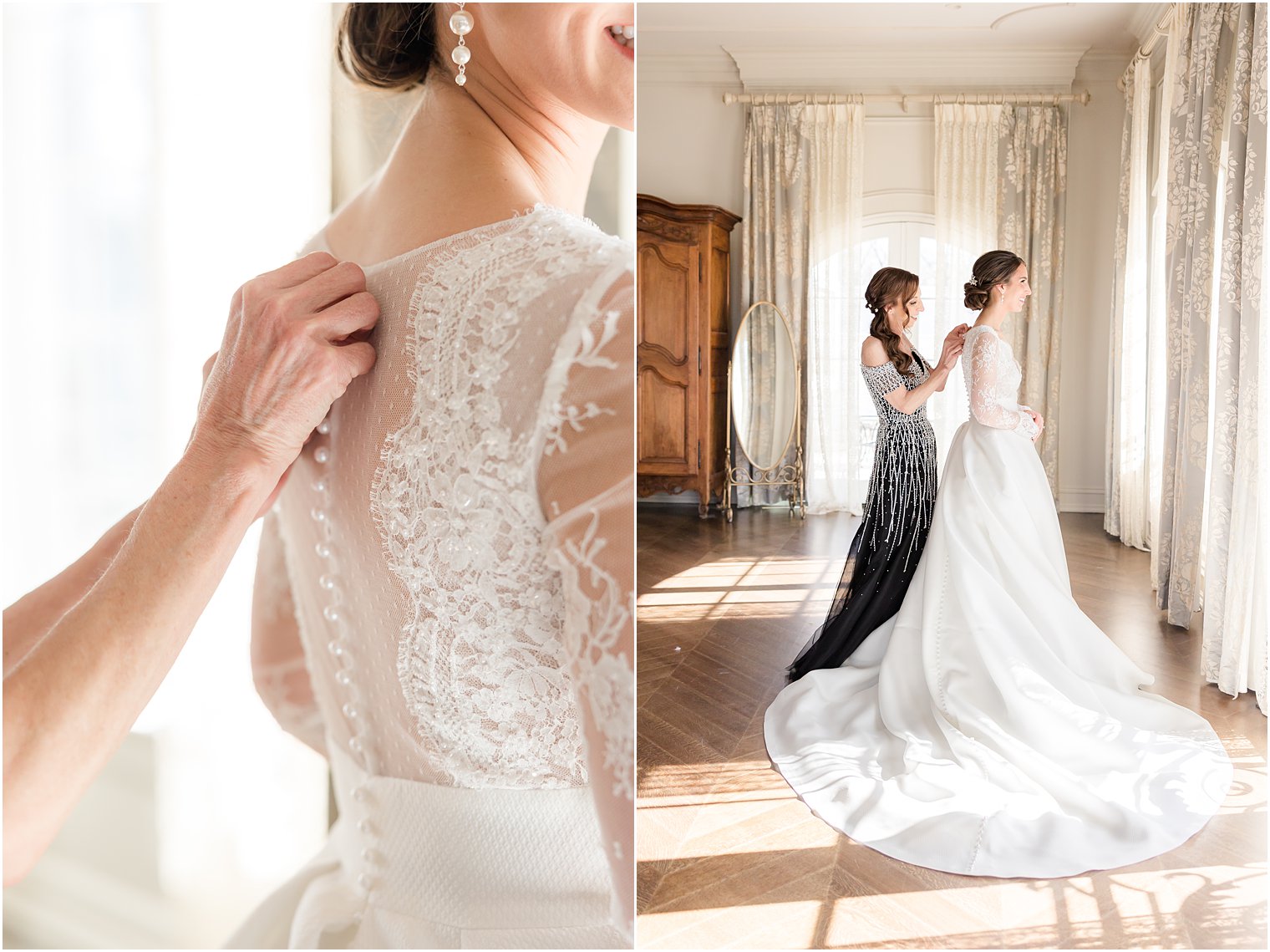 mother helps bride into wedding gown adjusting buttons 