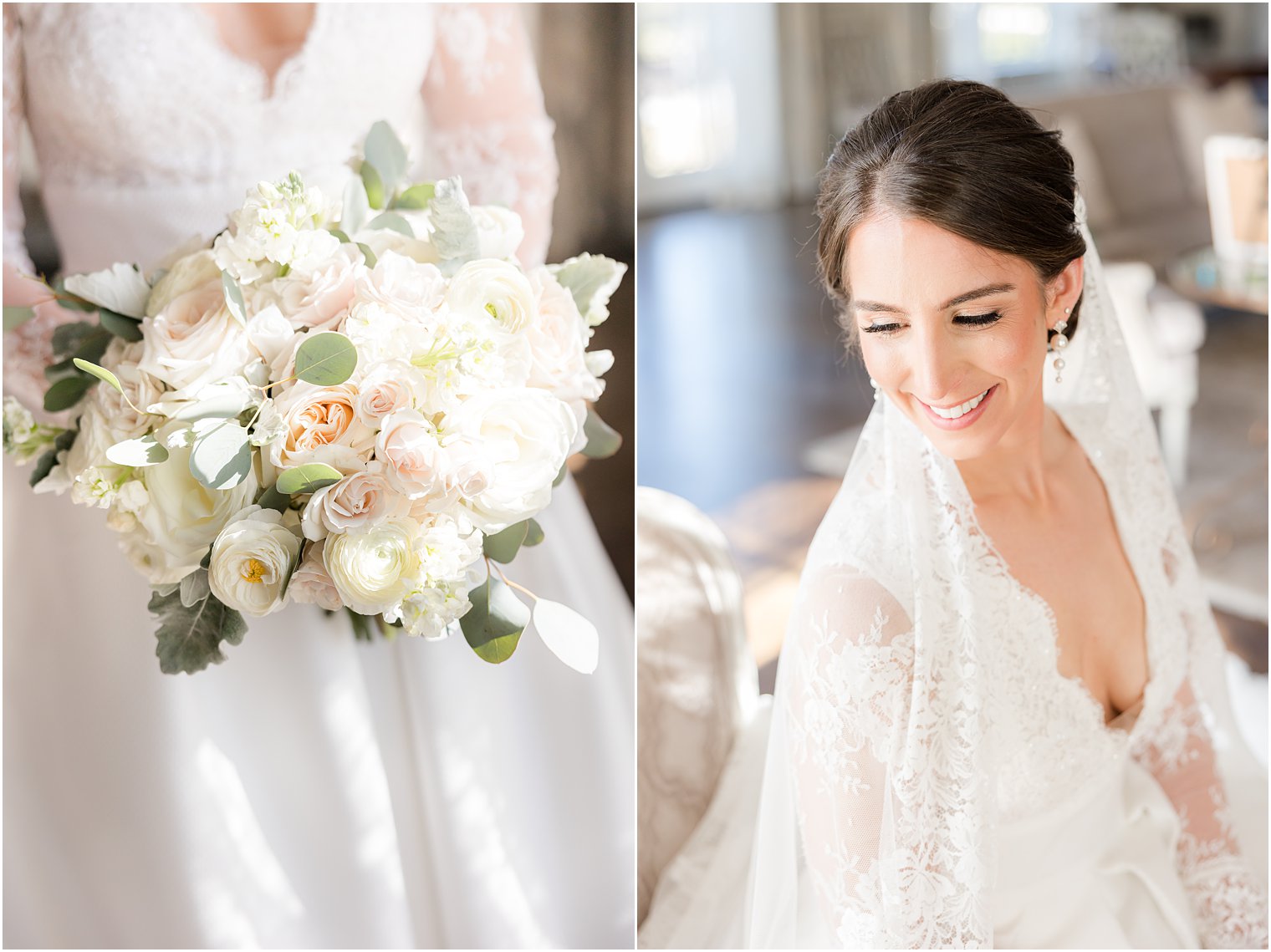 winter bride smiles over shoulder with veil around shoulders 