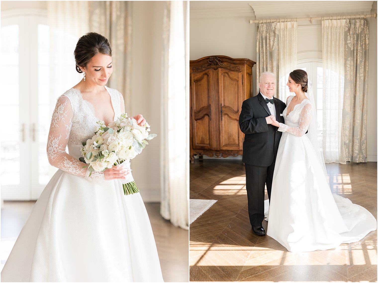 father hugs bride in suite at Park Chateau Estate 