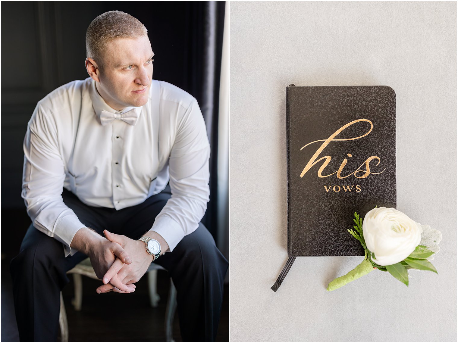 groom leans forward on knees next to vow booklet 