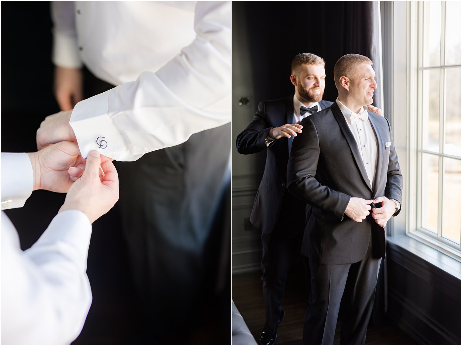 groomsman helps groom prepare for winter wedding 