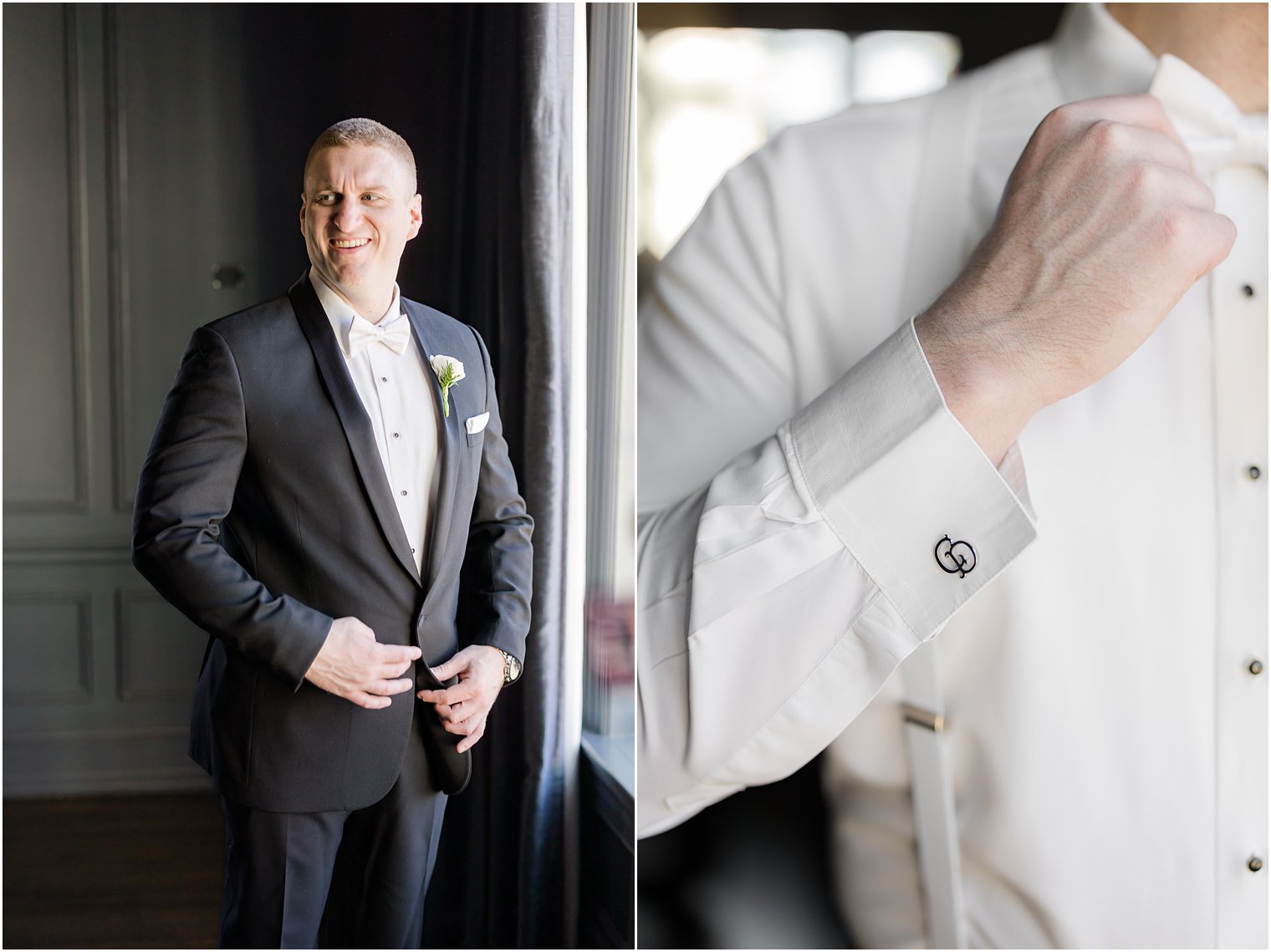 groom adjusts buttons on jacket by window at Park Chateau Estate