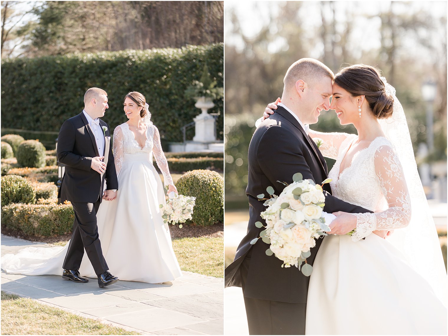 bride and groom walk through hedges in garden at Park Chateau Estate