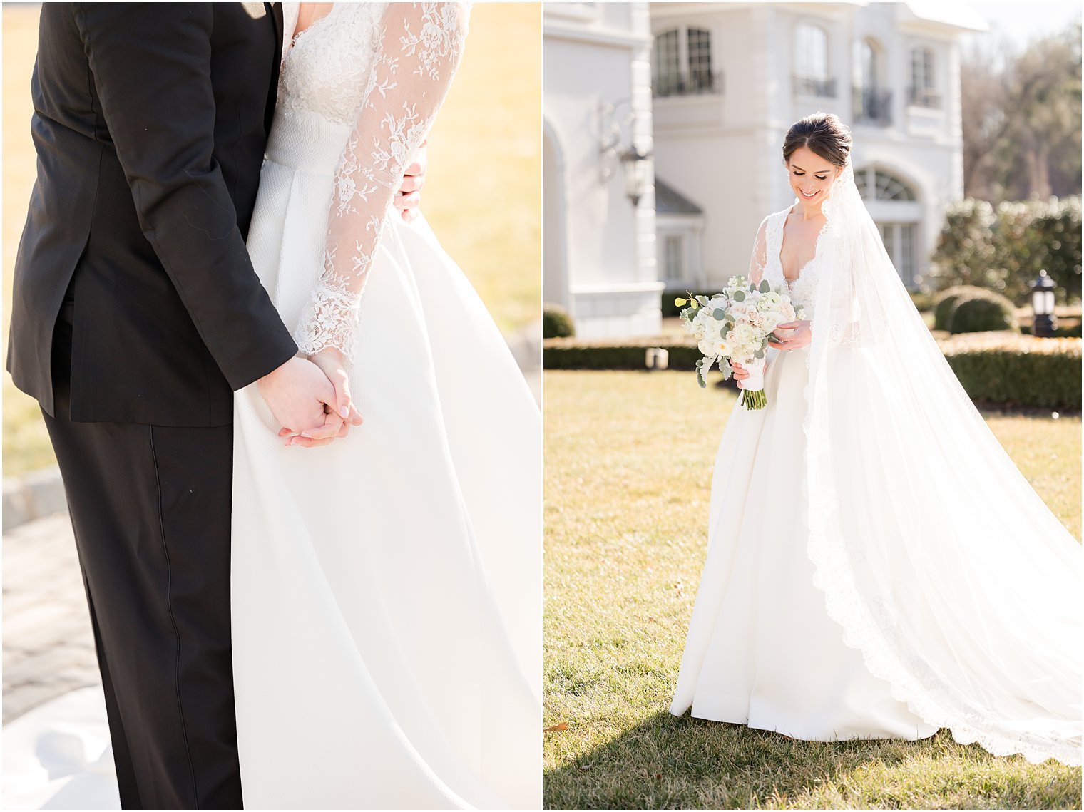 bride looks down at bouquet of pink and ivory roses on lawn at Park Chateau Estate