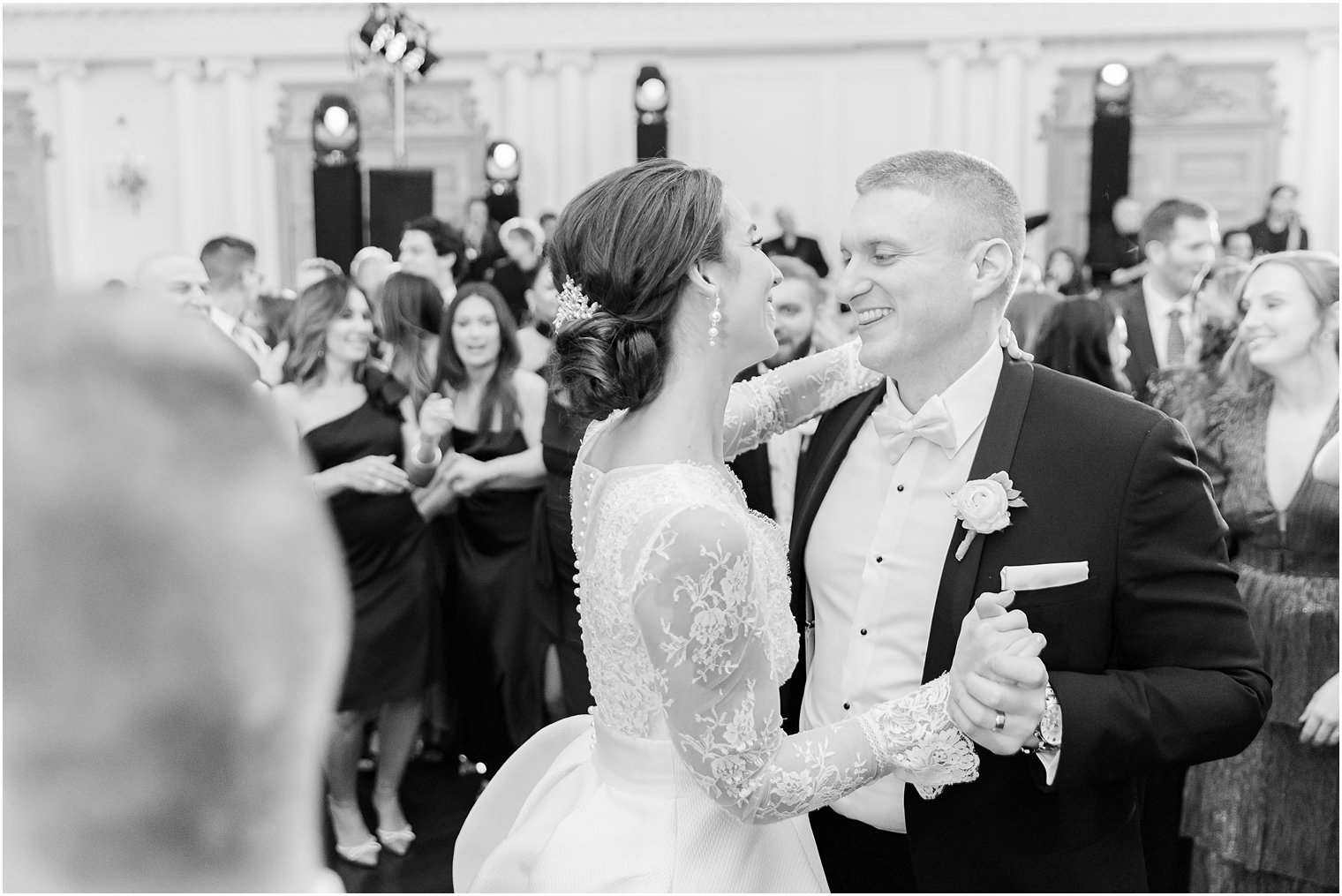 bride and groom dance with guests during NJ wedding reception 