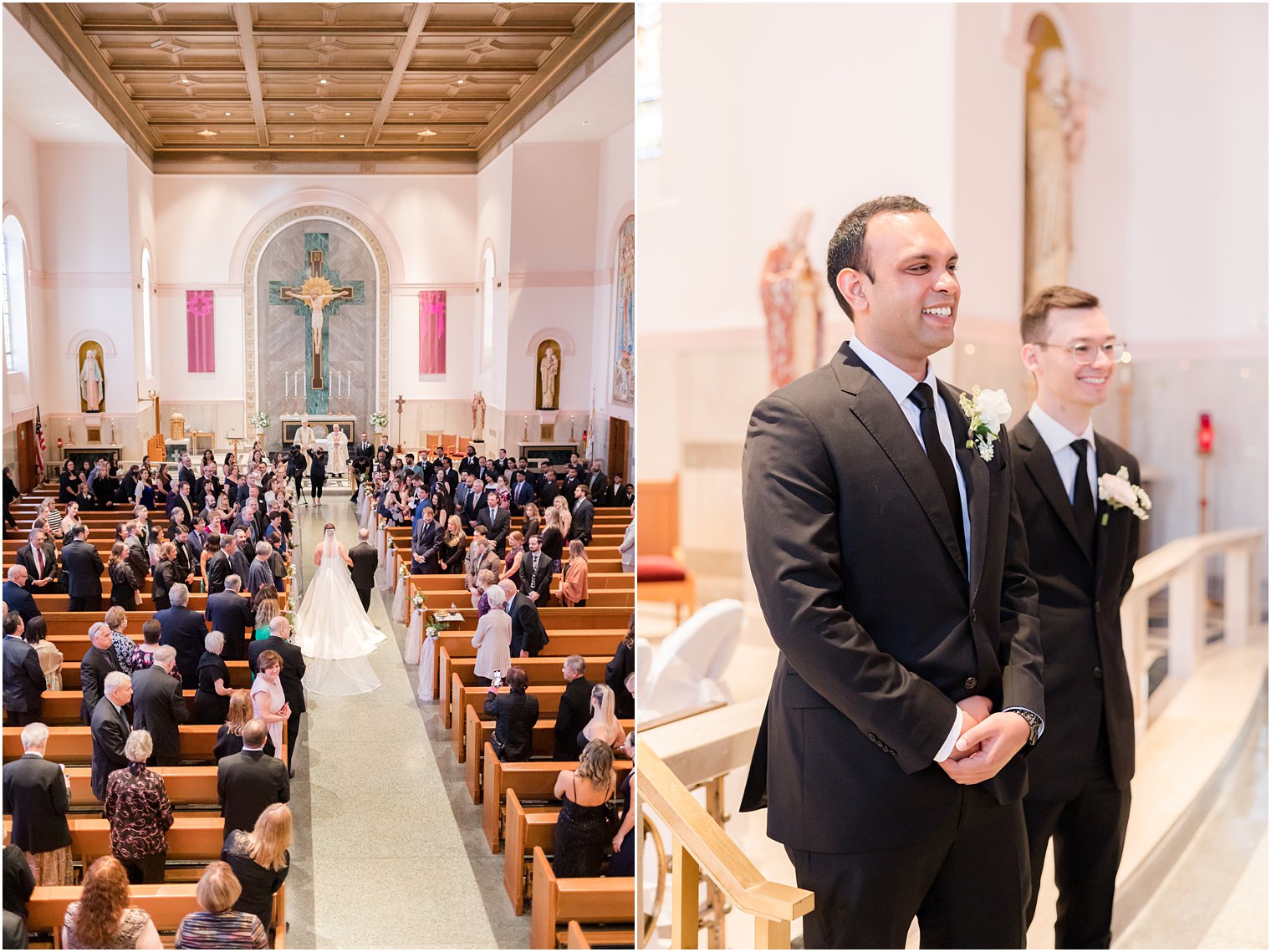 groom watches bride walk down aisle at the Immaculate Conception Chapel at Mount Saint Mary Academy
