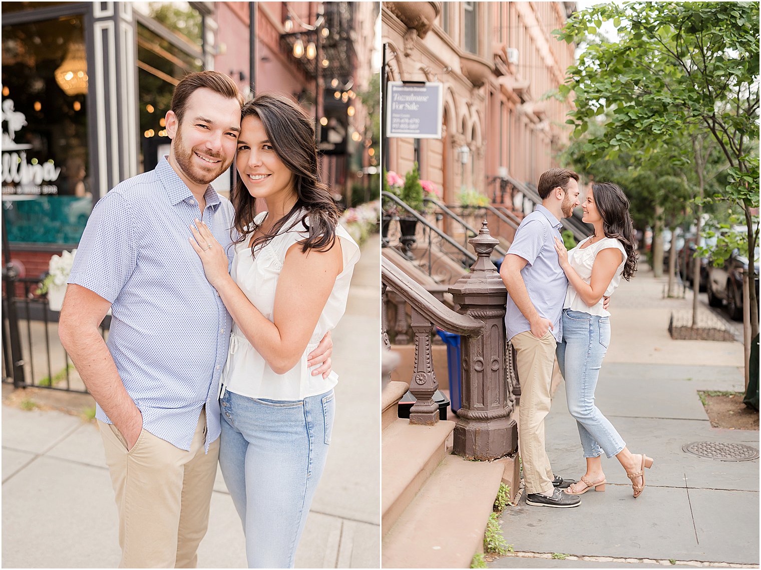 engaged couple kisses on sidewalk during springtime Hoboken engagement session