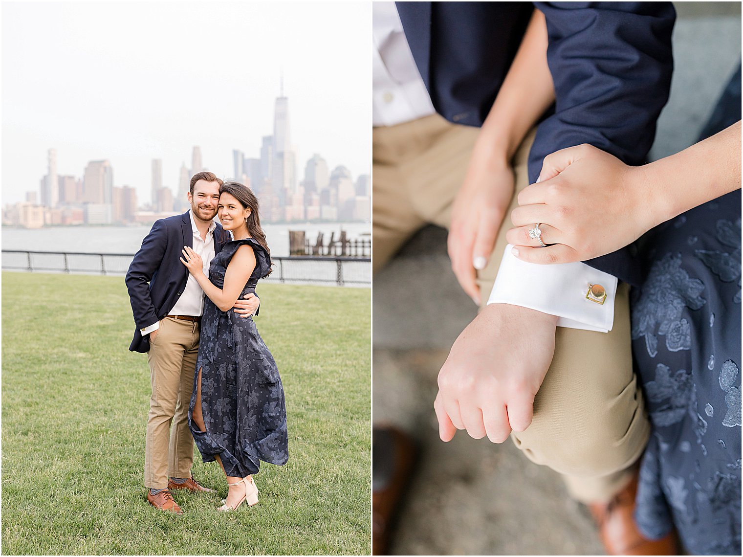 engaged couple hugs in park in front of NYC skyline in Hoboken NJ park