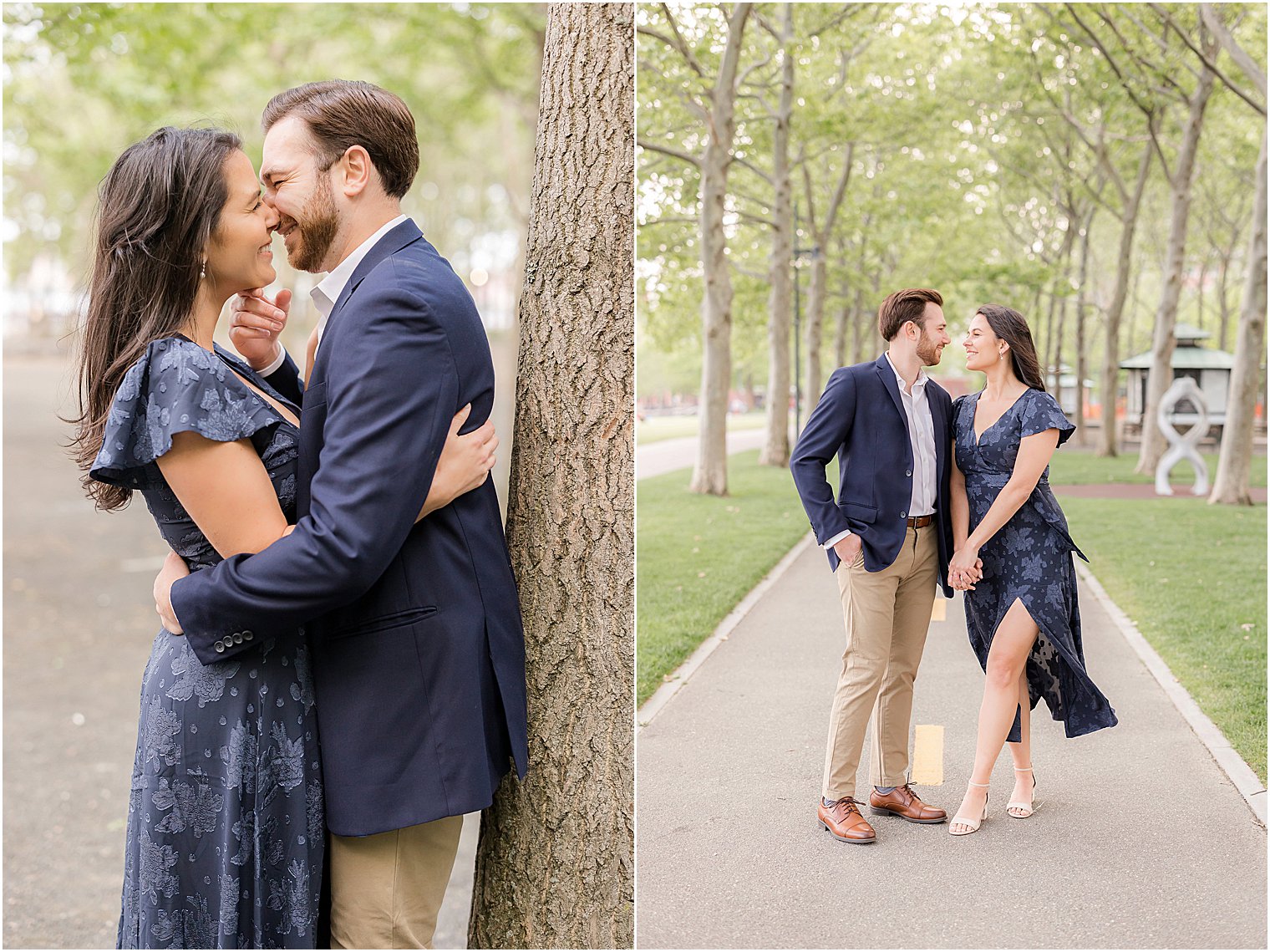 man and woman kiss leaning against tree in New Jersey park