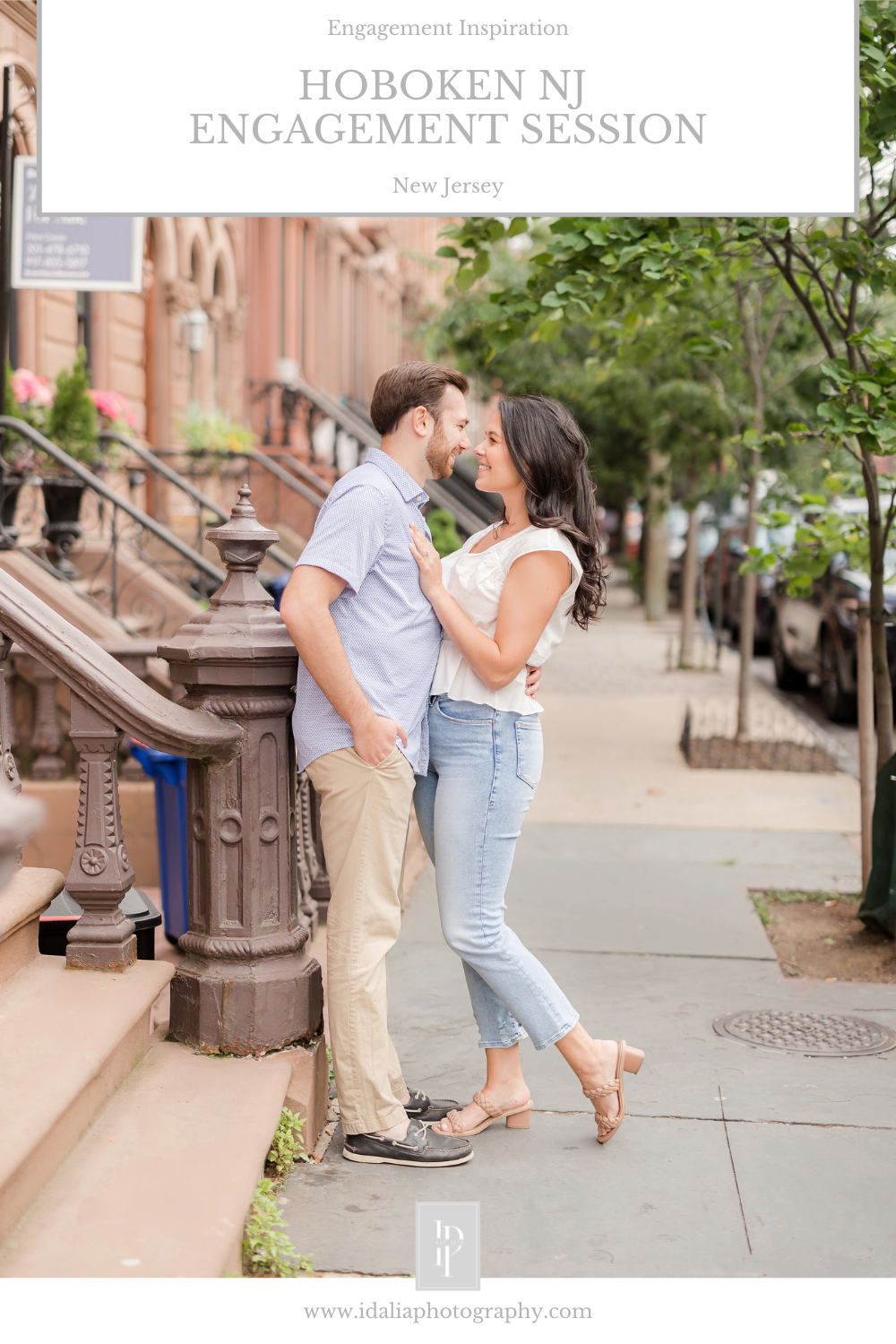 Springtime Hoboken engagement session at park with NYC skyline views photographed by NJ wedding photographer Idalia Photography