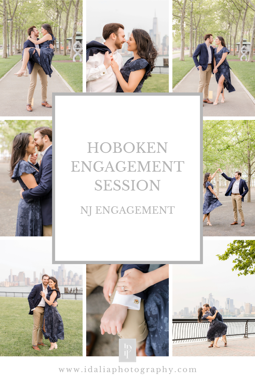 Springtime Hoboken engagement session at park with NYC skyline views photographed by NJ wedding photographer Idalia Photography