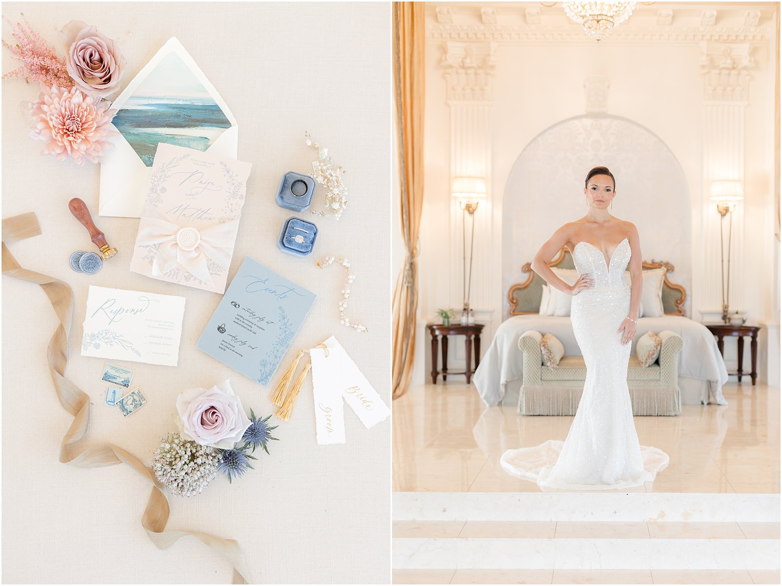 bride poses in strapless dress by bed in bridal suite at Mallard Island Yacht Club