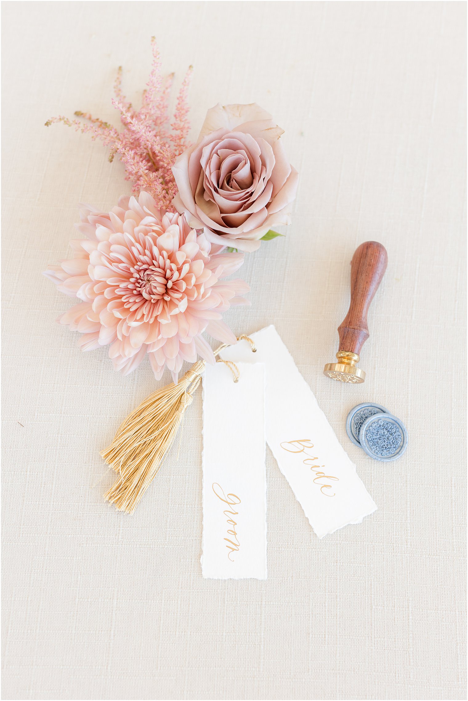 bride and groom tags with pink flowers for LBI wedding day