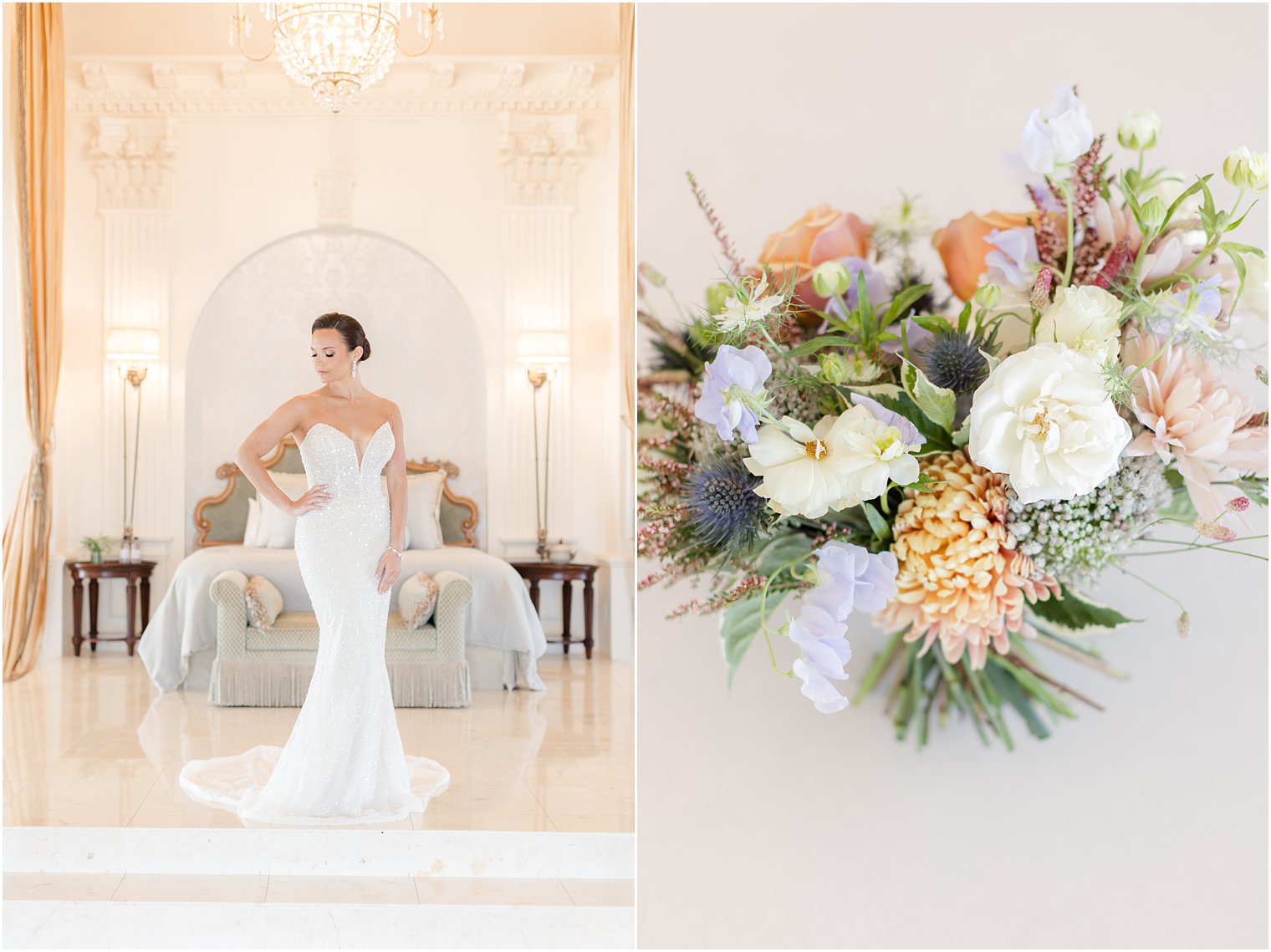 bride looks over shoulder holding hand on hip with bridal bouquet at Mallard Island Yacht Club