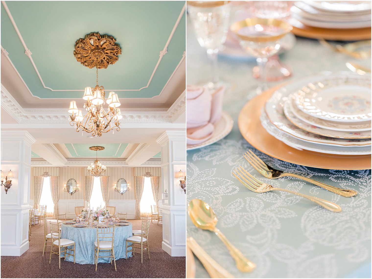 Mallard Island Yacht Club wedding reception with pink and gold china