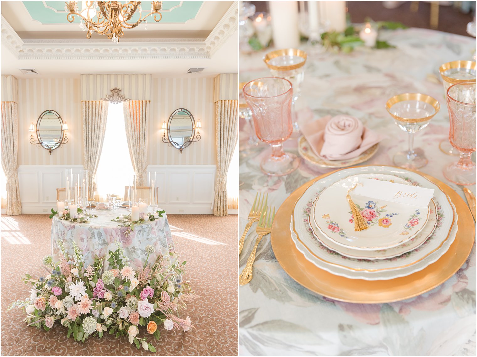 sweetheart table with pink and white flowers at base 