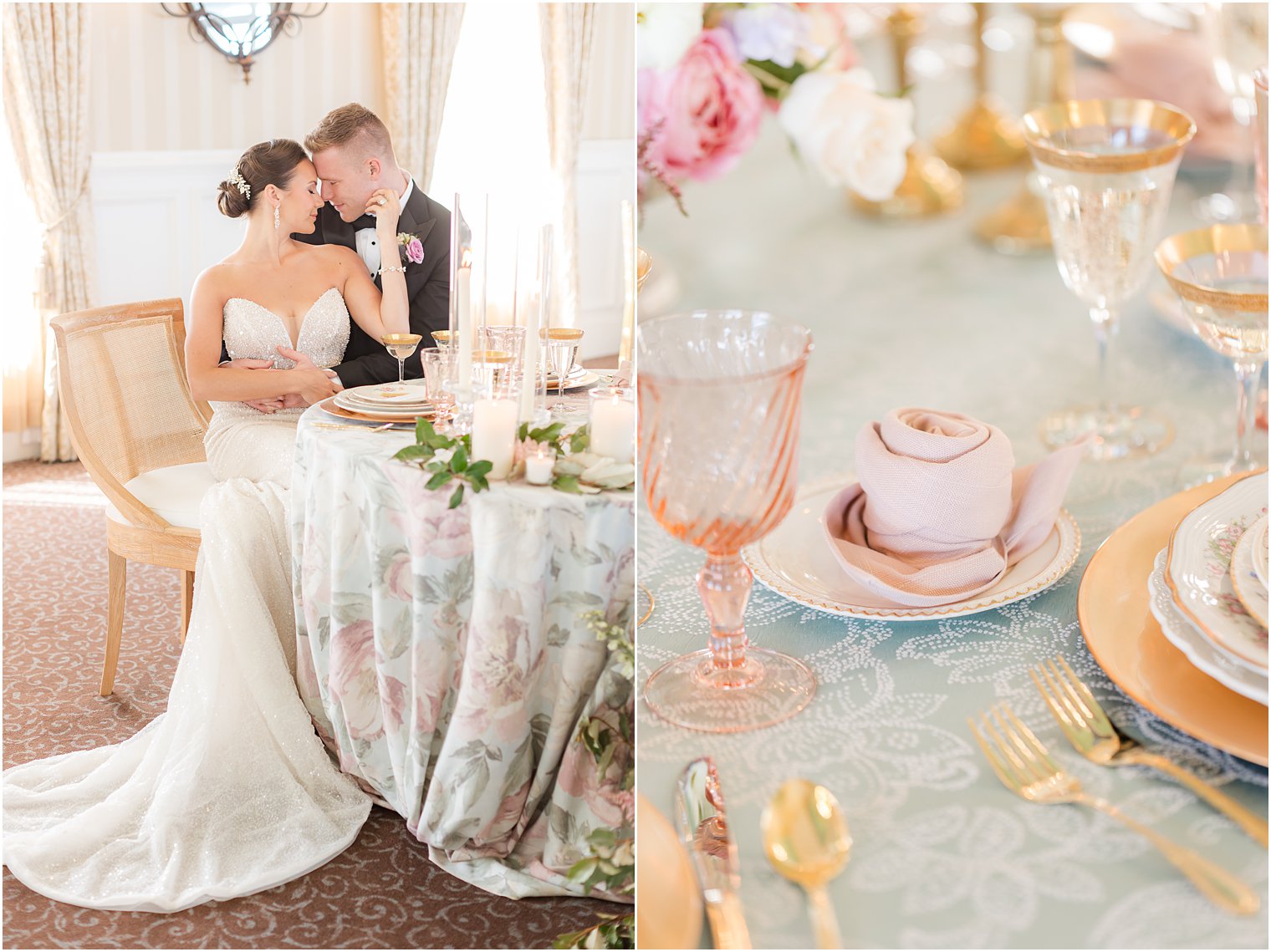 bride and groom snuggle sitting together at table with gold and pink accents 
