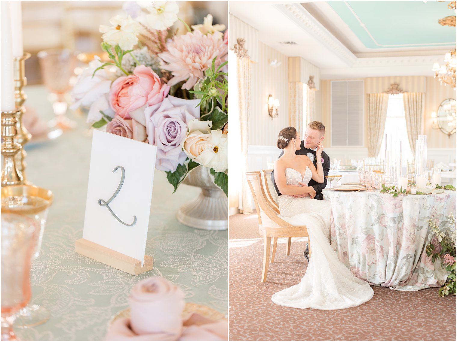 bride and groom sit at sweetheart table with pink and gold plates and cups