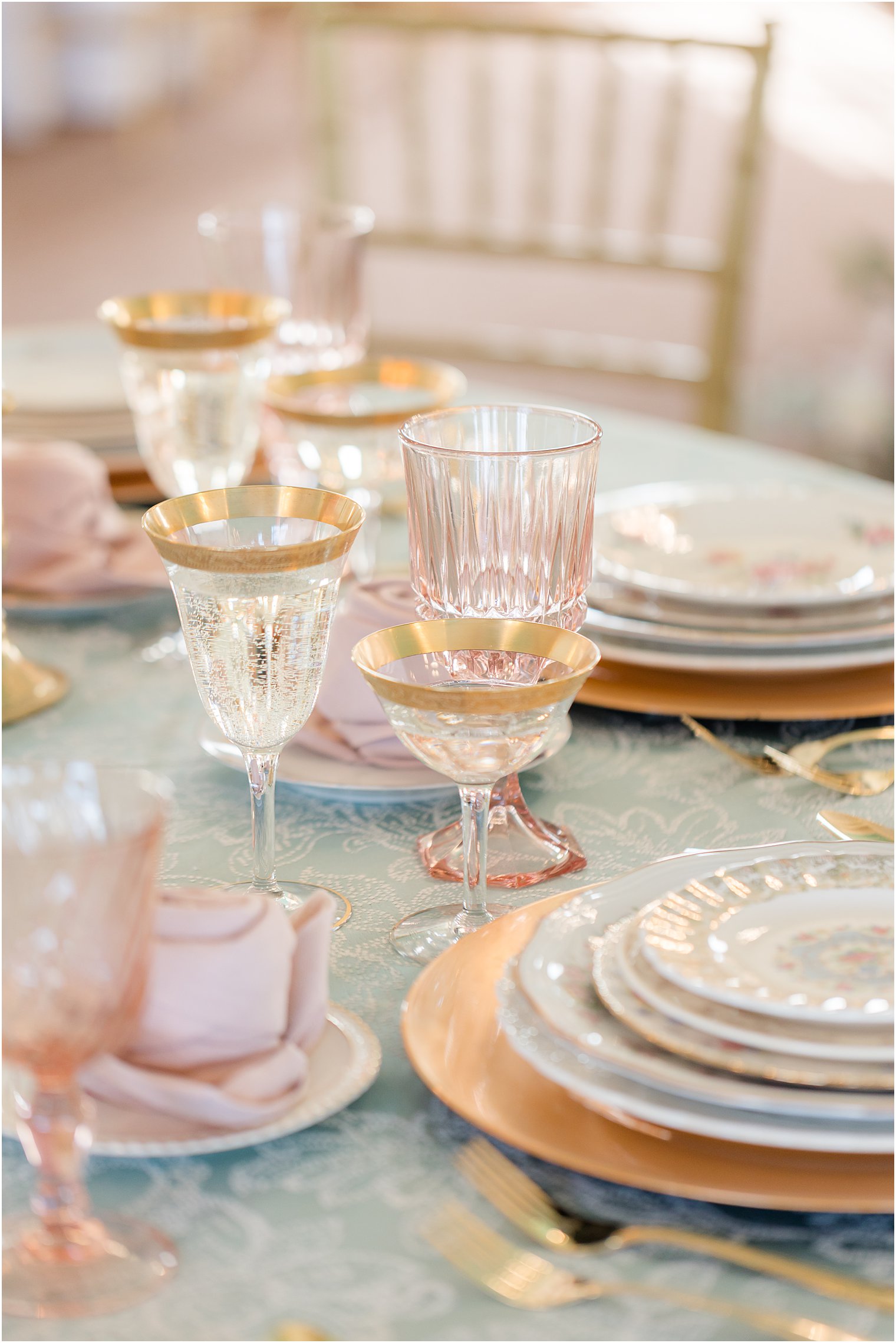 vintage pink glassware for wedding reception at Mallard Island Yacht Club
